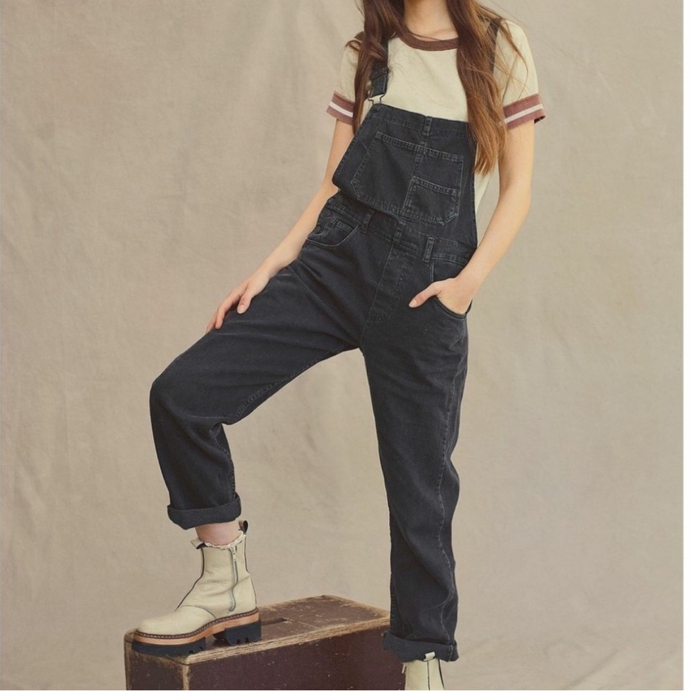 Free People Ziggy Overalls in Washed Black